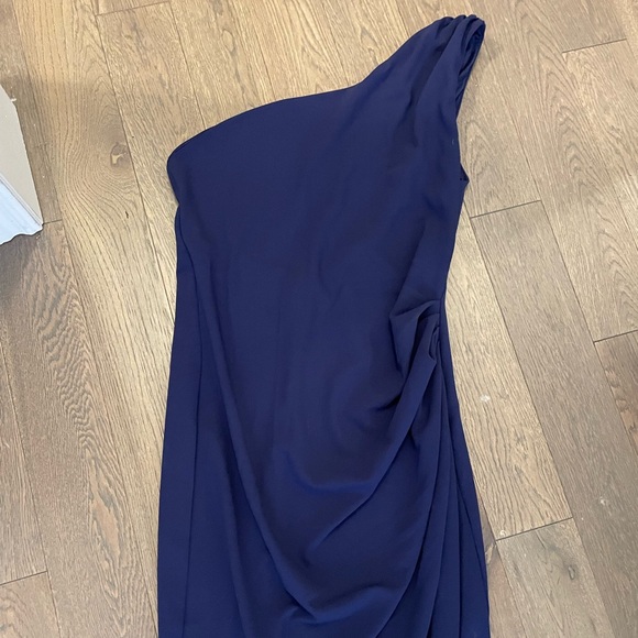 ASOS DESIGN Tall one shoulder draped fringe trim midi dress in navy - Picture 5 of 5